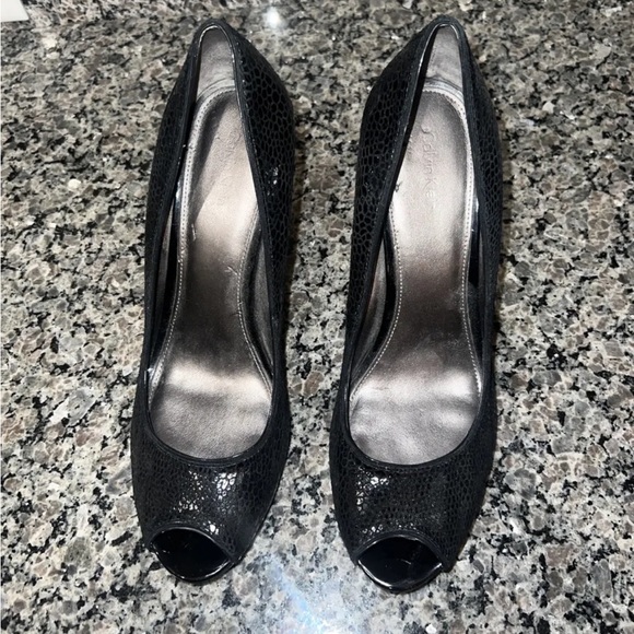 Calvin Klein Shoes - Calvin Klein Black Suede Snake Print 5 Inch Peep Toe Heels